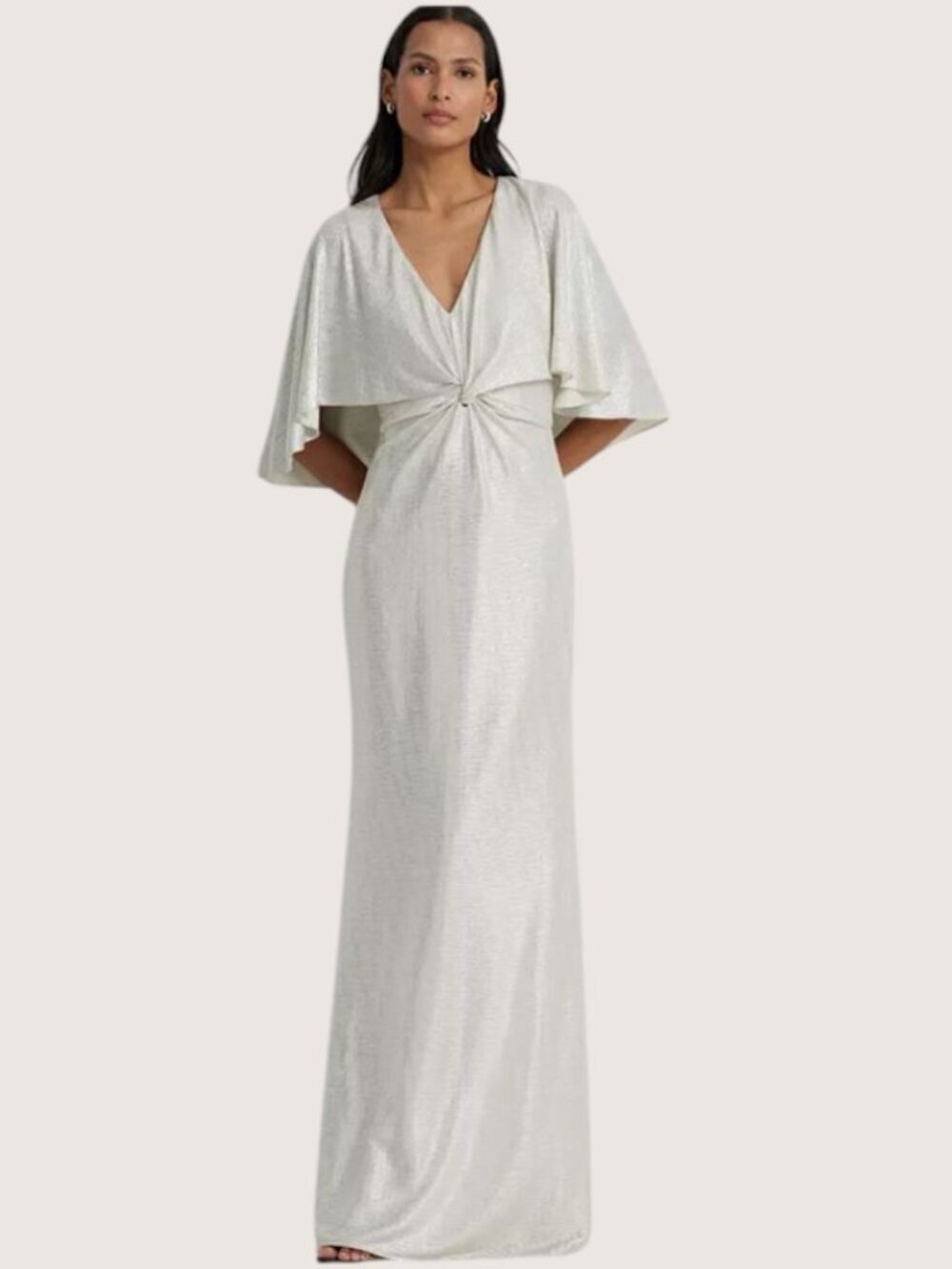 Lauren Ralph Lauren Twist-Front Cape-Overlay Metallic Silver Maxi Gown Sz 16 NWT